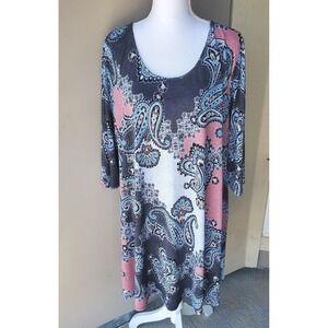 Glamour Farms Tunic Dress Women 3X Blue Pink Paisley Print Pockets Boho Casual